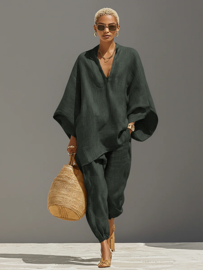 Conjunto Neutro de Lino para Mujer con Dobladillo Asimétrico y Diseño Minimalista, Estilo Diario-Casual Sofisticado