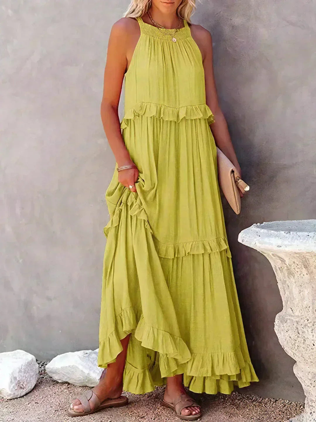 Ilona - Vestido Halter con Volantes y Bolsillos Maxi