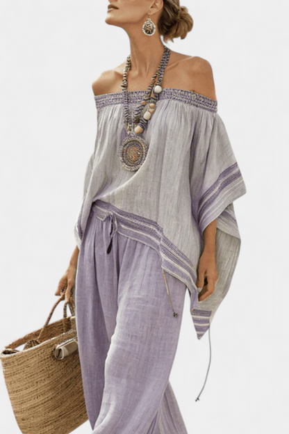Zandrel | Elegante Top Off-Shoulder y Pantalones Rayados de Pierna Ancha
