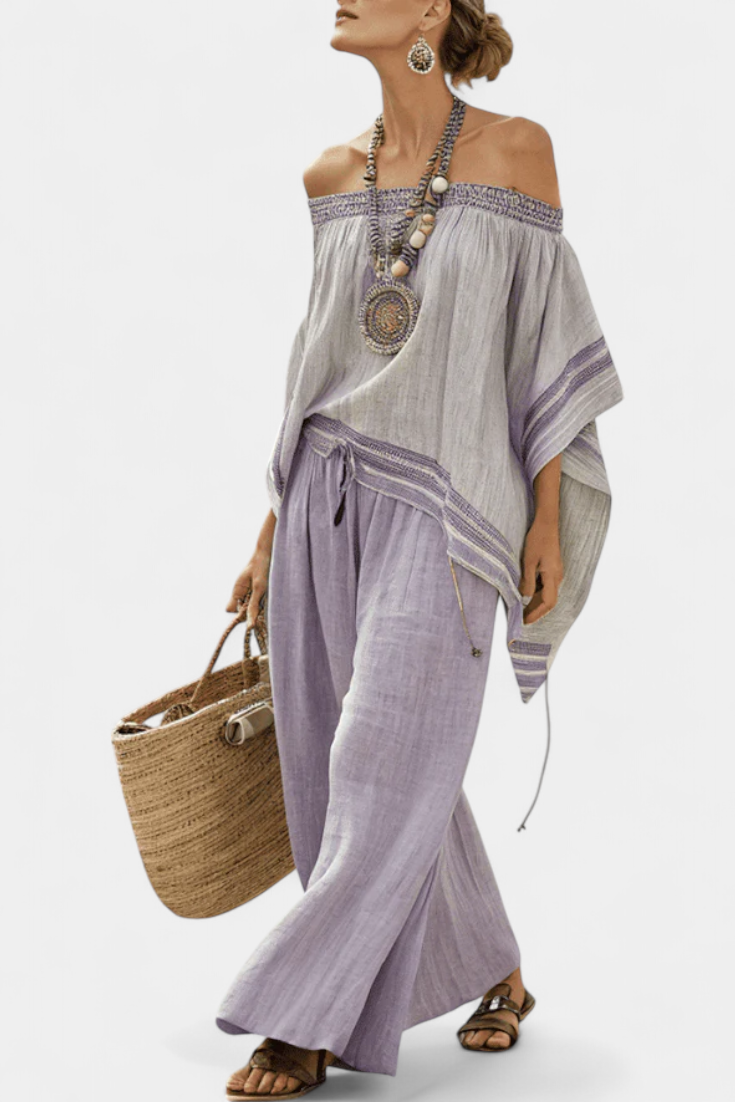 Zandrel | Elegante Top Off-Shoulder y Pantalones Rayados de Pierna Ancha
