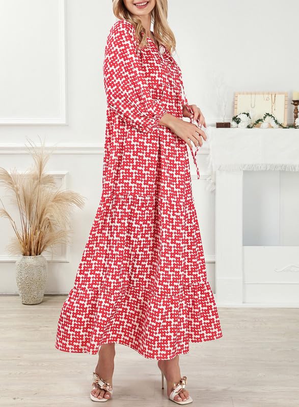 WINONA – VESTIDO MAXI GEOMÉTRICO BOHEMIO CON MANGAS ABULLONADAS PARA MUJER