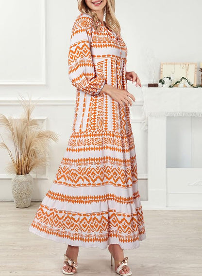 WINONA – VESTIDO MAXI GEOMÉTRICO BOHEMIO CON MANGAS ABULLONADAS PARA MUJER
