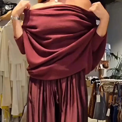 Conjunto de salón elegante de dos piezas con hombros descubiertos – suave, favorecedor y elegantemente casual