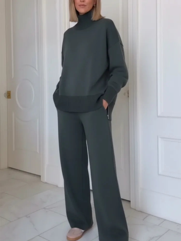 Conjunto de Dos Piezas con Cuello Alto y Cierre de Cremallera, Pantalones Rectos