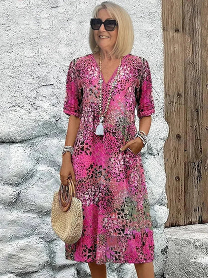 Emelith - Vestido de Verano de Encaje de Leopardo con Escote en V