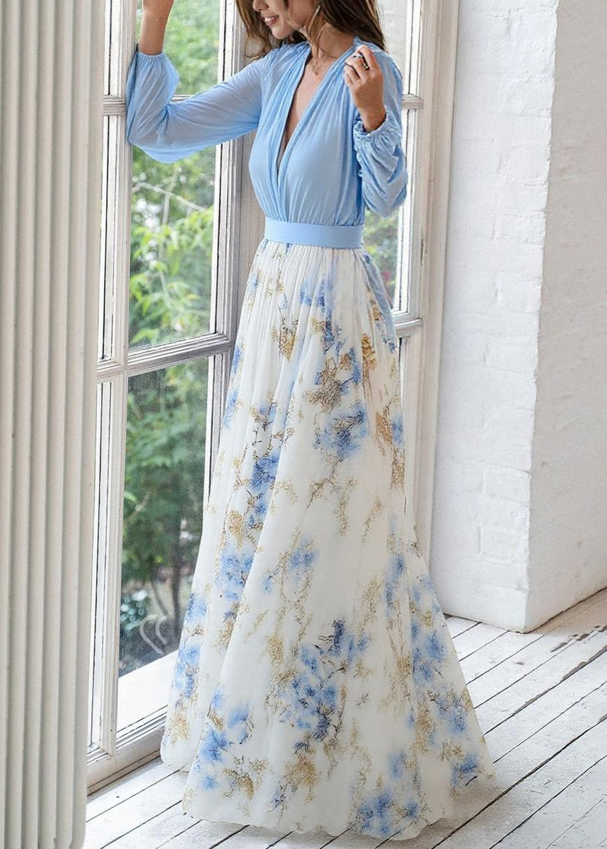 Vestido Maxi de Manga Larga para Mujeres con Escote en V Profundo y Falda Impresa