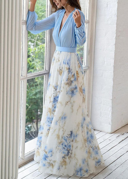 Vestido Maxi de Manga Larga para Mujeres con Escote en V Profundo y Falda Impresa