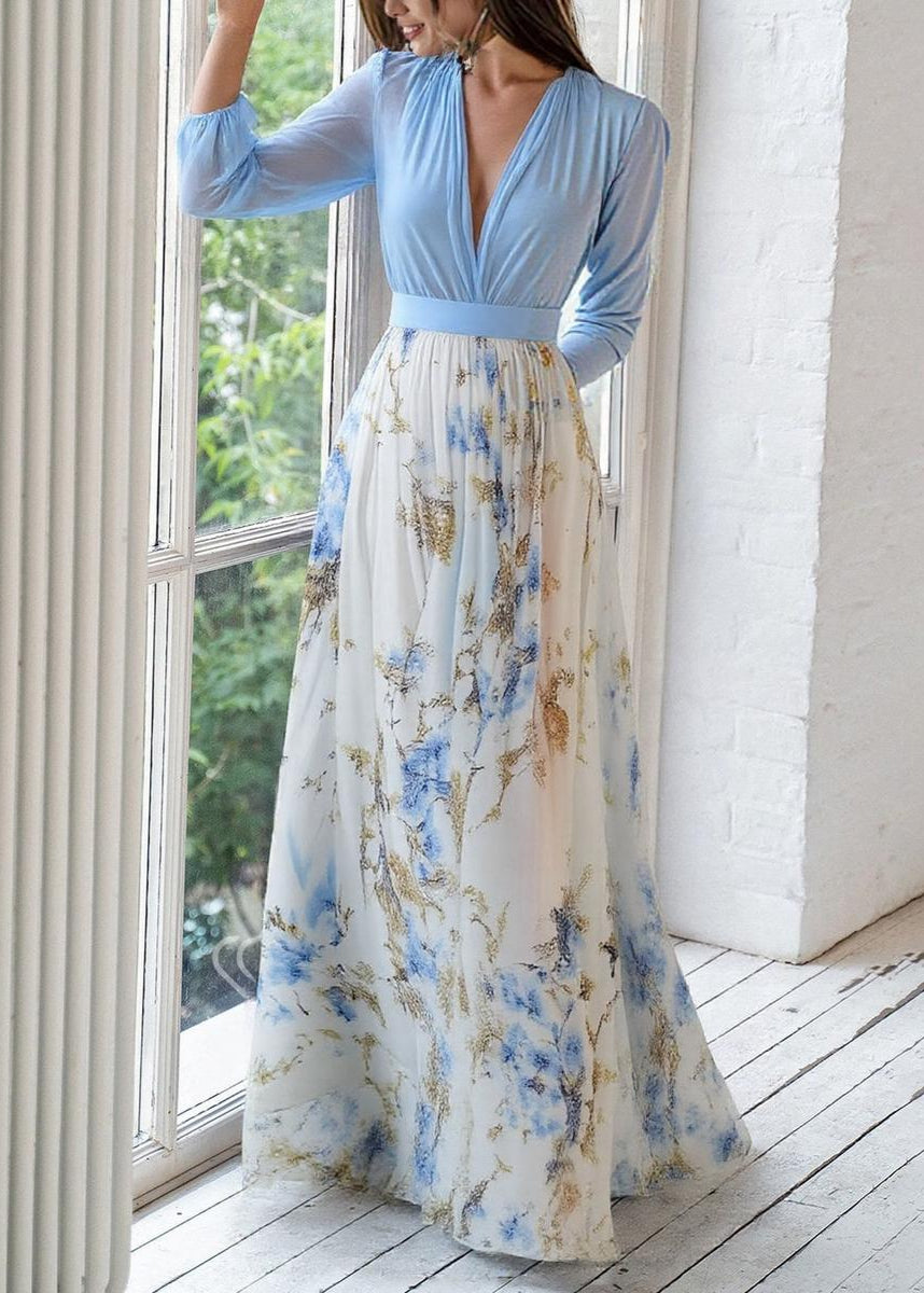 Vestido Maxi de Manga Larga para Mujeres con Escote en V Profundo y Falda Impresa