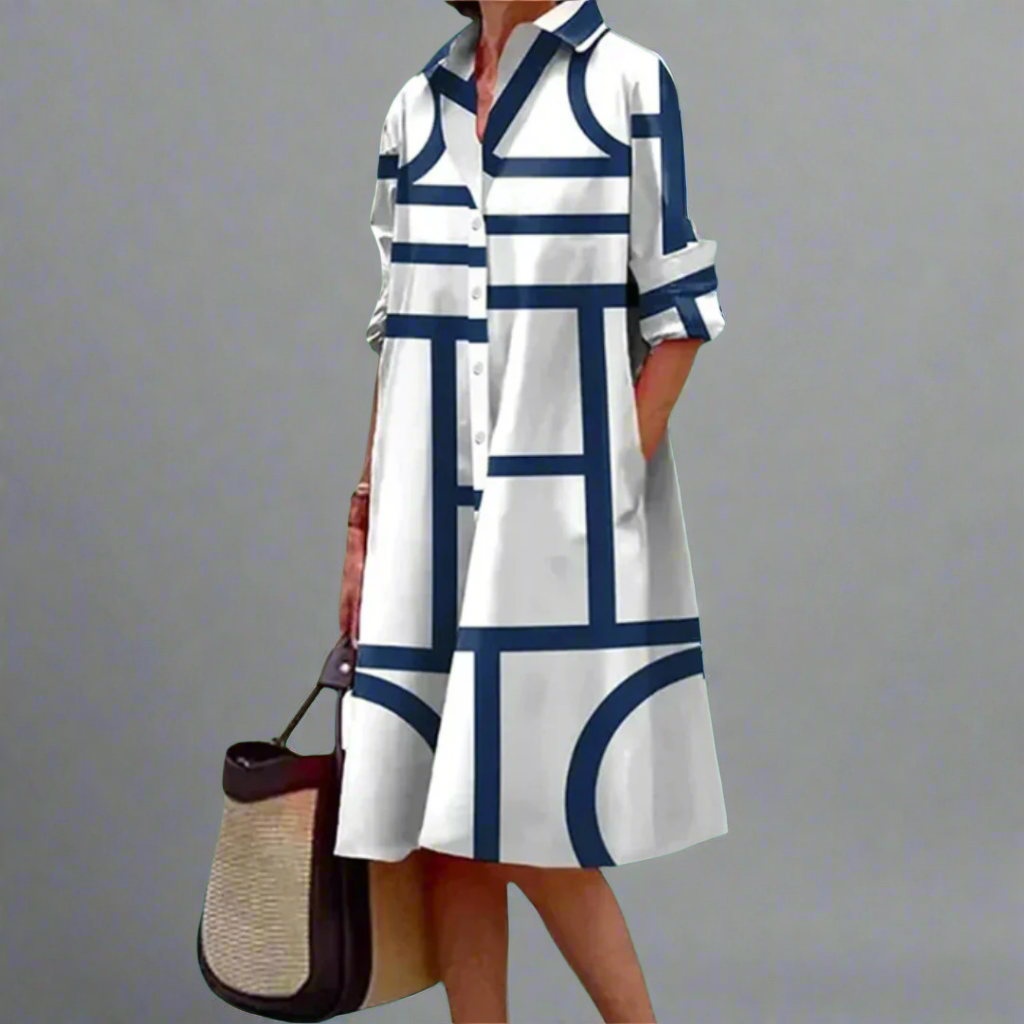Cosima - Elegante vestido midi azul con rayas geométricas