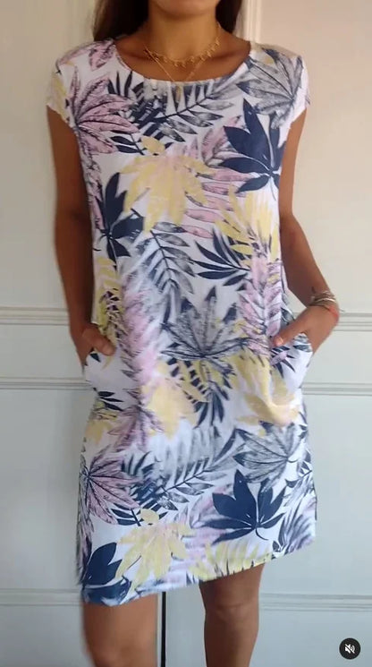Vestido de verano estampado de algodón y lino para mujeres con bolsillos