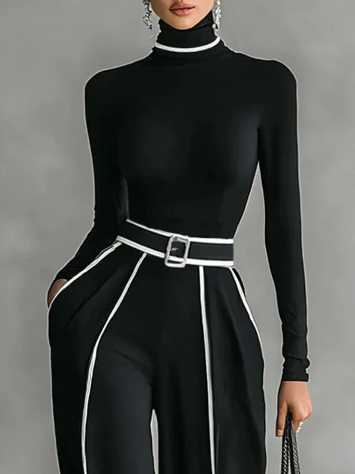 Conjunto de Top de Manga Larga y Cuello Alto con Ribete Blanco, Pantalones de Pierna Ancha y Cinturón