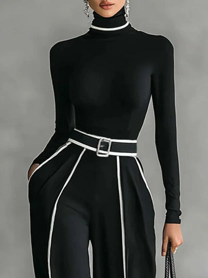 Conjunto de Top de Manga Larga y Cuello Alto con Ribete Blanco, Pantalones de Pierna Ancha y Cinturón