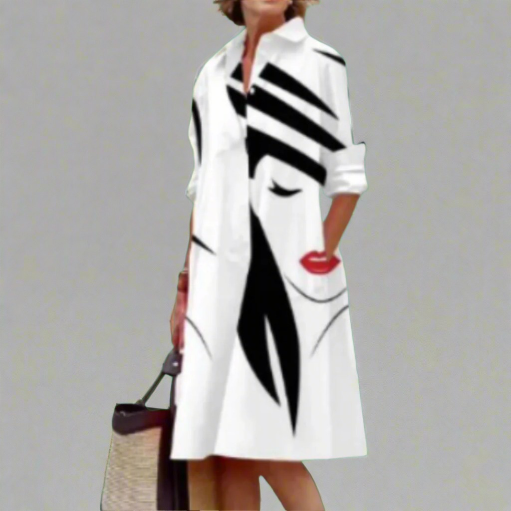 Noa | Vestido Camisero con Estampado de Caras Elegante