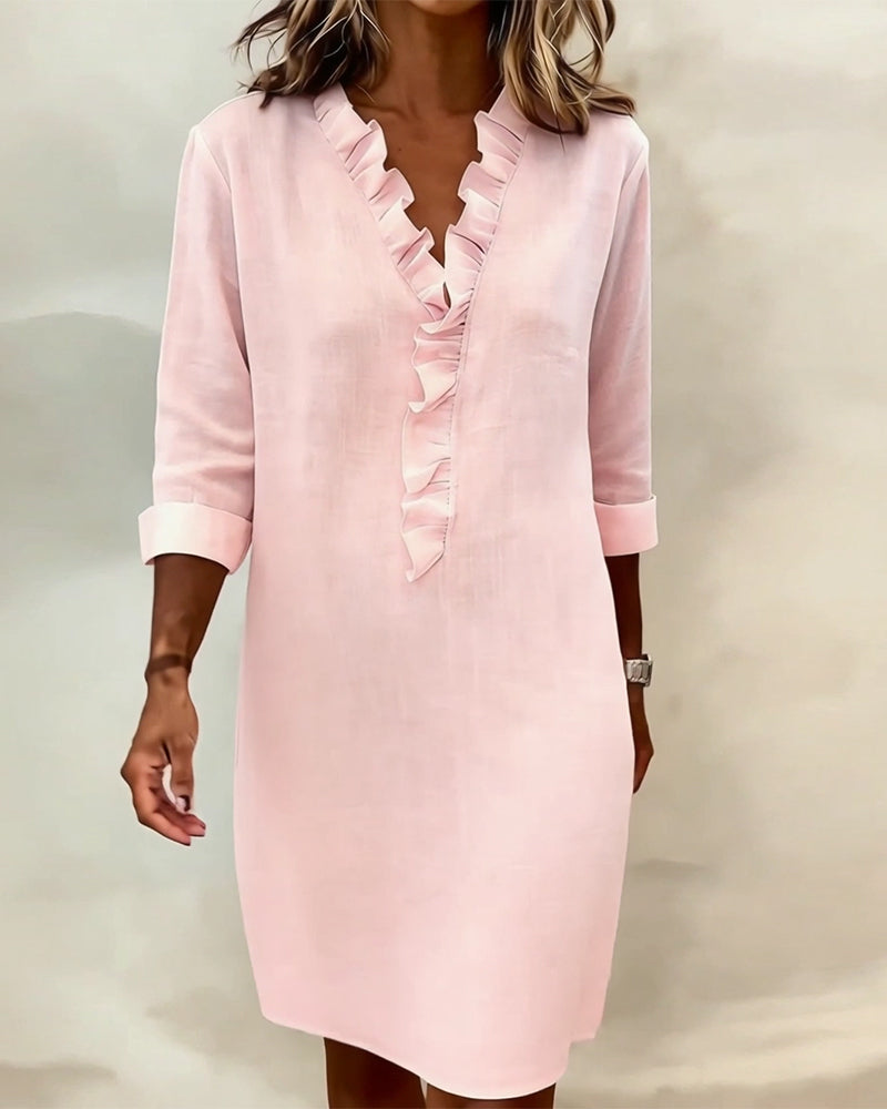 Vestido Sólido con Volantes y Cuello en V