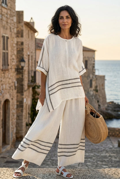 Conjunto Chic a Rayas - Pantalón Largo y Blusa Asimétrica para Mujer