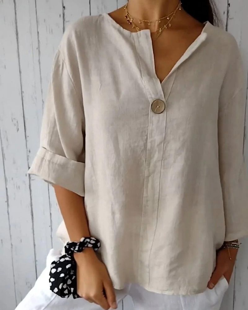ARAI - Top de Botones de Algodón y Lino con Cuello en V