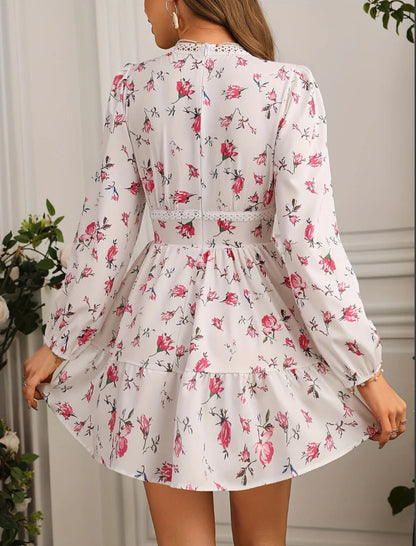 Vestido Mini Floral para Mujeres con Mangas Largas Abullonadas y Escote en V