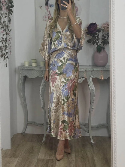 Camisa Exquisita de Satén con Estampado Floral sin Hombros