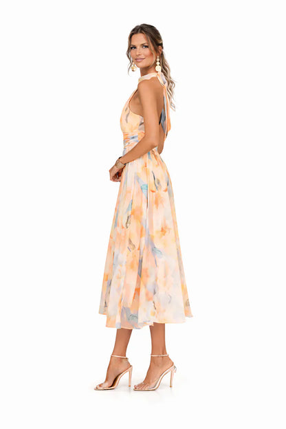 Esther | Vestido con Cuello Halter y Estampado Acuarela