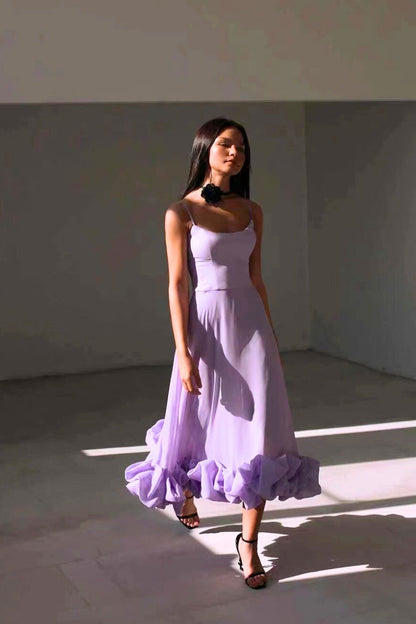 Vestido Maxi de Mujer con Tirantes de Espagueti, Falda Acampanada y Dobladillo con Volantes