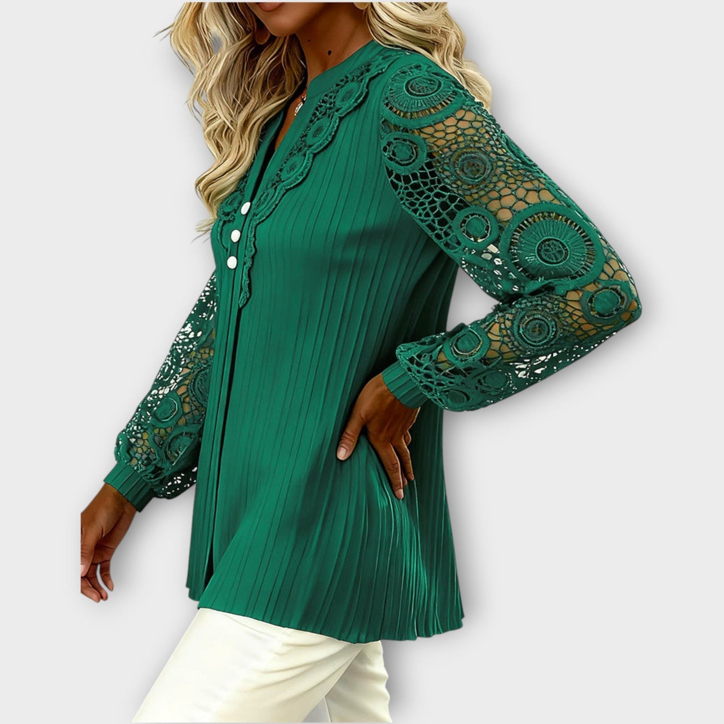 Blusa Plisada con Mangas de Encaje Elegante