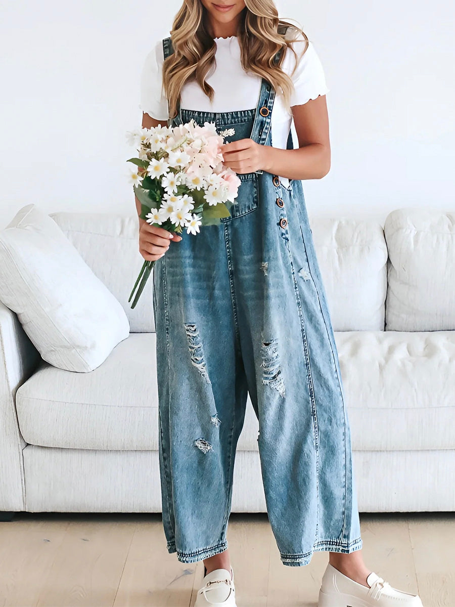 ELESSA – OVERALLS DE DENIM DE AJUSTE SUELTO EN LOOK DESGASTADO