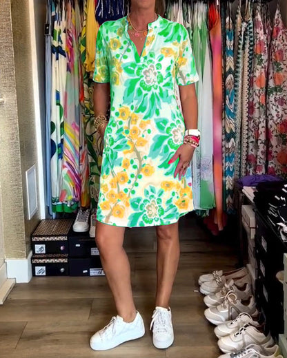 Ivendra | Vestido de Manga Corta con Estampado Floral
