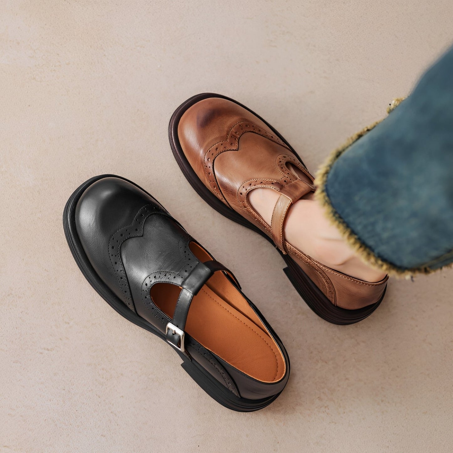Erika - Zapatos retro de cuero grueso para mujeres