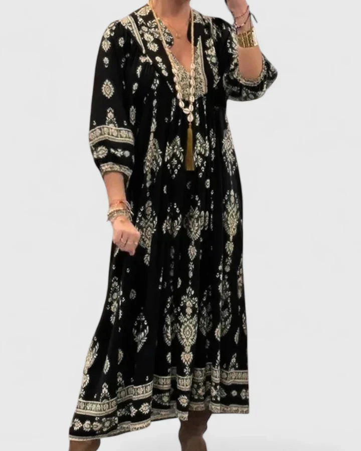 CLAIRE – VESTIDO MAXI BOHEMIO CON ESCOTE EN V