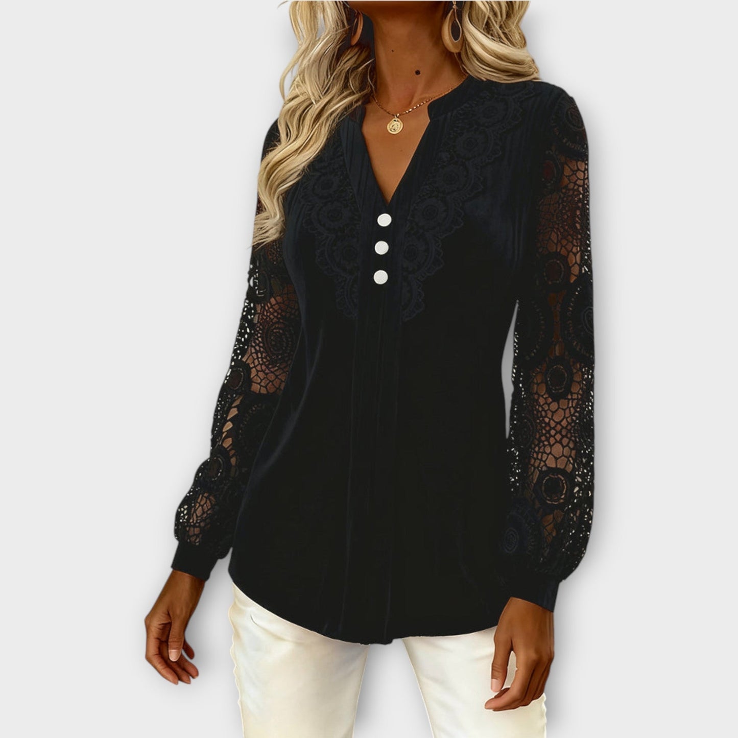 Blusa Plisada con Mangas de Encaje Elegante