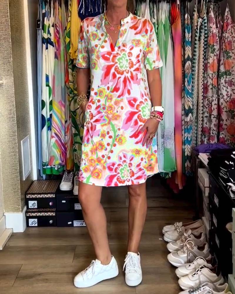 Ivendra | Vestido de Manga Corta con Estampado Floral