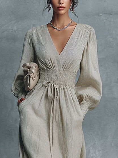 Vestido Maxi Mujer Beige de Algodón y Lino a Rayas con Escote en V y Cintura Fruncida