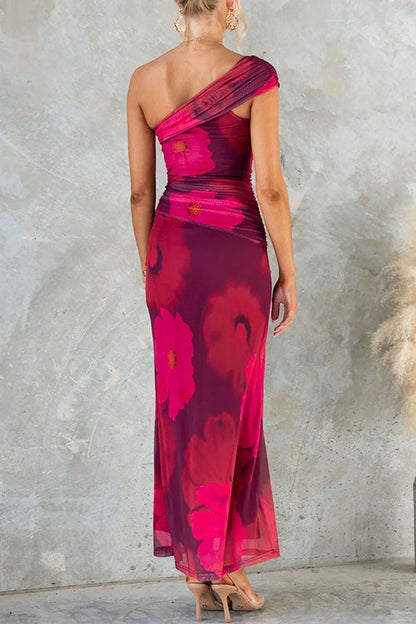 Vestido Maxi Bodycon de Malla con Estampado Floral de Un Solo Hombro