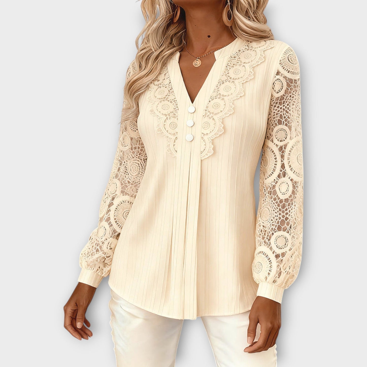 Blusa Plisada con Mangas de Encaje Elegante