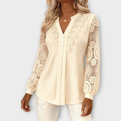 Blusa Plisada con Mangas de Encaje Elegante