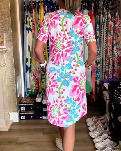 Ivendra | Vestido de Manga Corta con Estampado Floral