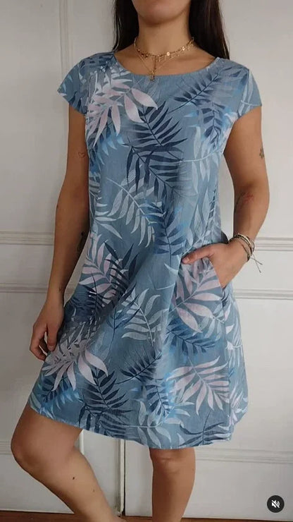 Vestido de verano estampado de algodón y lino para mujeres con bolsillos