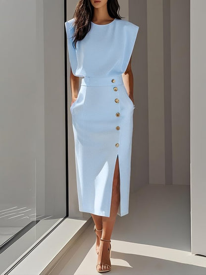Malene™ | Vestido Midi Sólido con Abertura de Botón y Escote Redondo