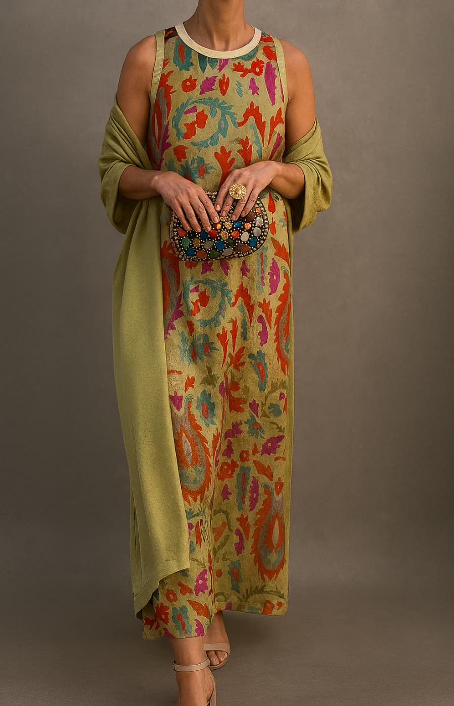 Corvalisse | Elegante vestido maxi con chal coordinado