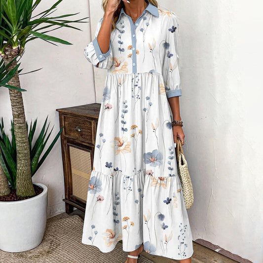 Elvienne | Vestido Maxi Fresco con Estampado y Cuello
