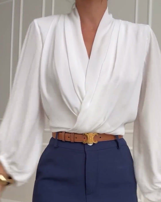 Blusa de Manga Lámpara en Color Sólido con Escote en V