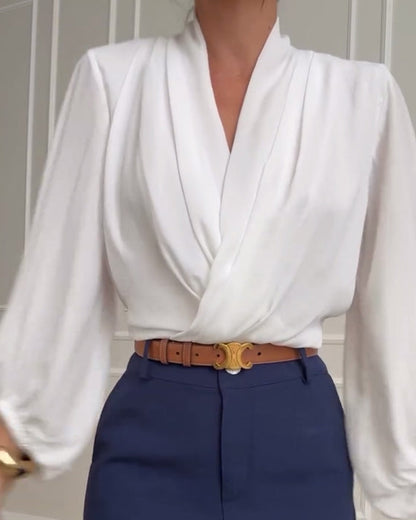 Blusa de Manga Lámpara en Color Sólido con Escote en V