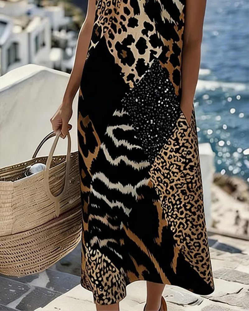 Vestido Sin Mangas Largas de Estampado de Leopardo en Patchwork