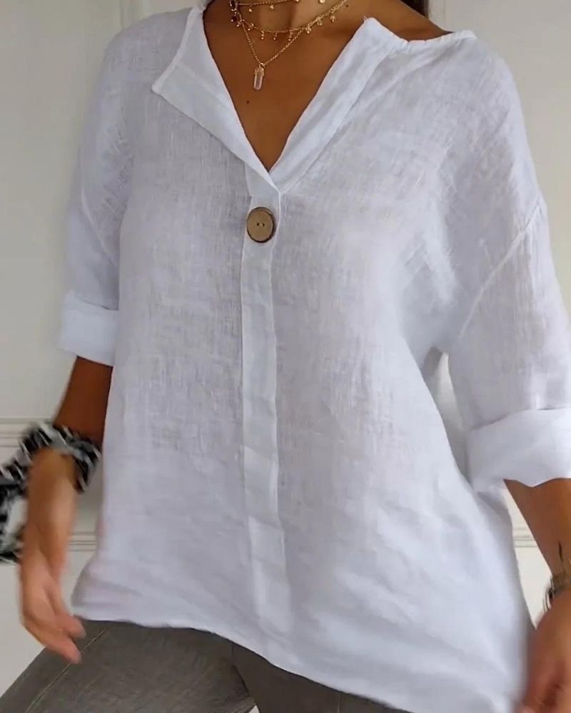 ARAI - Top de Algodón y Lino con Escote en V y Botones