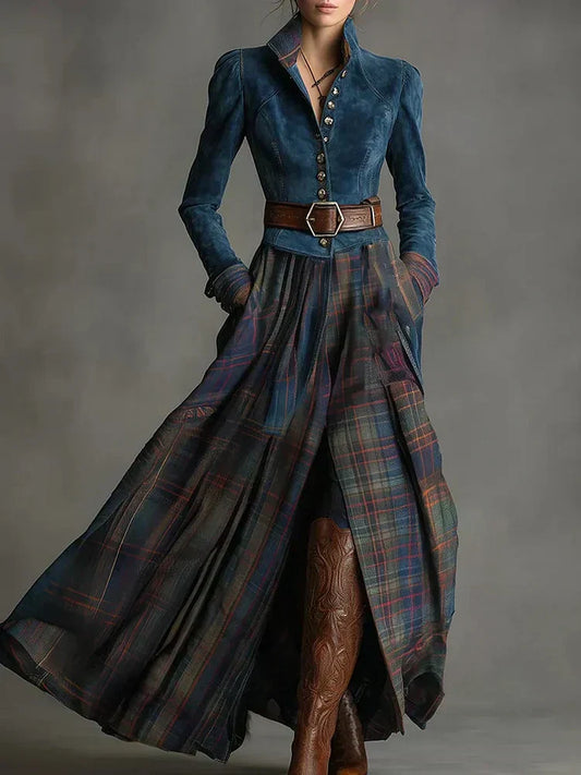Vestido maxi de estilo retro con un patrón a cuadros azules (incluye un cinturón)