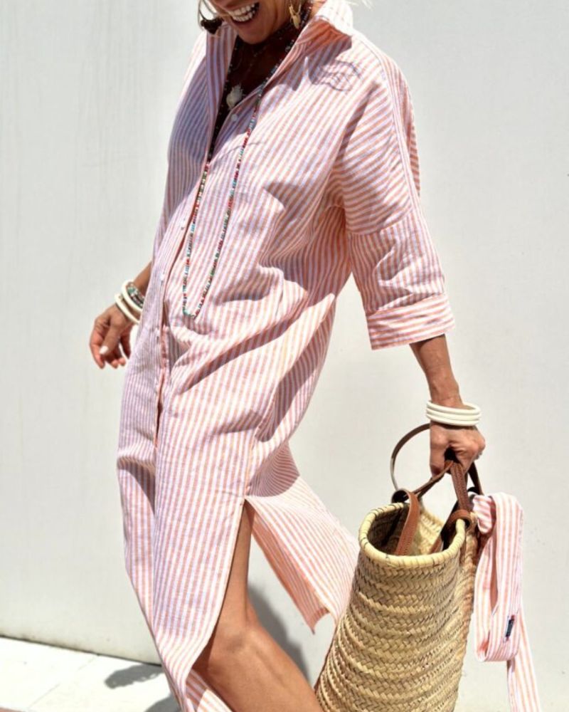 COLEN - VESTIDO CAMISERO CLÁSICO A RAYAS CON CORDONES
