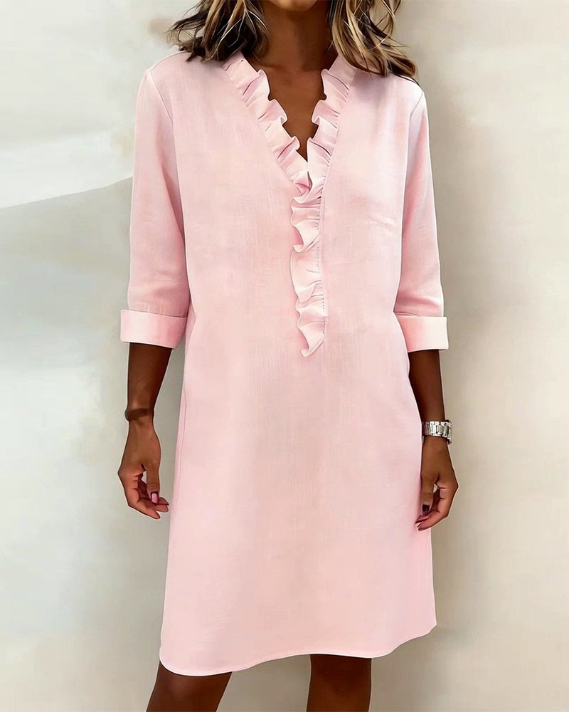 Vestido Sólido con Volantes y Cuello en V