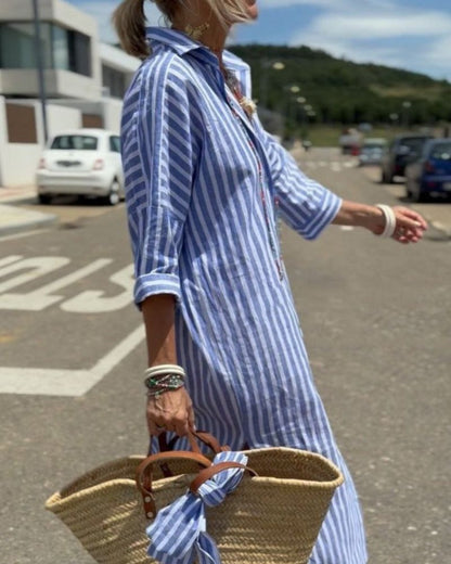 COLEN - VESTIDO CAMISERO CLÁSICO A RAYAS CON CORDONES