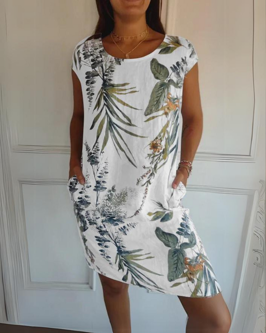 JOANA - VESTIDO IMPRESO DE CUELLO REDONDO DE ALGODÓN Y LINO