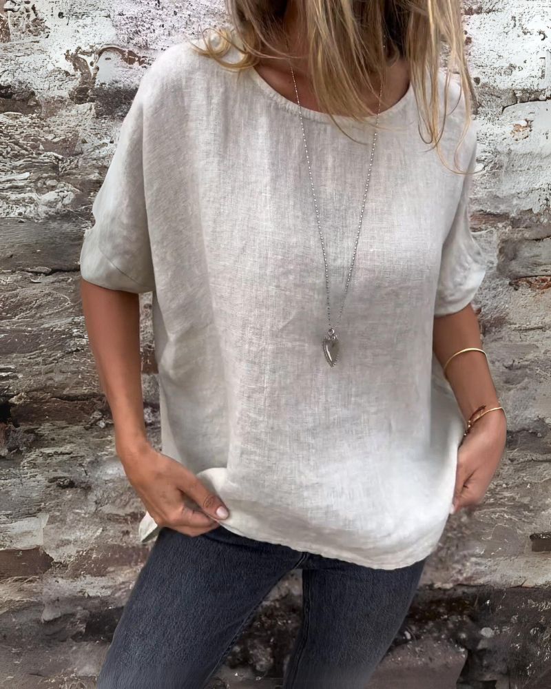 Dahlia - Camiseta Casual de Cuello Redondo de Algodón y Lino